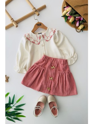 Miniğimin Cicileri Fiyonk Düğme Detaylı Kadife Etekli Kız Çocuk 2 Li Takım - Gül Kurusu