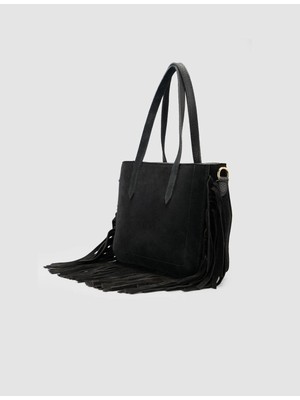 Cabani Hakiki Deri Süet Siyah Püsküllü Çift Askılı Kadın Omuz Çantası
