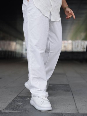 Kastrioti Baggy Geniş Paça Beli Bağcıklı ve Lastikli Keten Pantolon