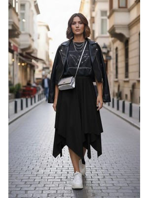 Maksen Tekstil Kadın Asimetrik Muz Krep Beli Lastikli Çift Katlı Rahat Kalıp Etek