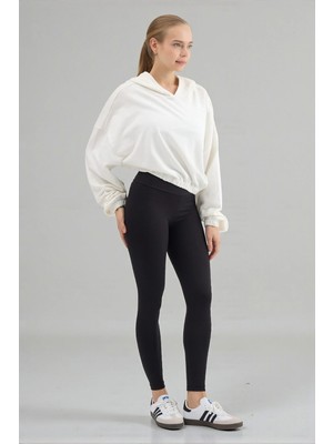 Fancy & Fun Kadın Uzun Kollu 3 Iplik Örme Kumaş Kapüşonlu Crop Sweatshirt