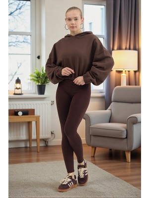 Fancy & Fun Kadın Uzun Kollu 3 Iplik Örme Kumaş Kapüşonlu Crop Sweatshirt