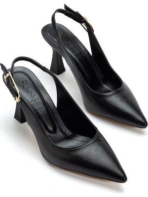 Shemard Kadın Siyah Cilt Arka Açık Sivri Ince Topuklu Ayakkabı