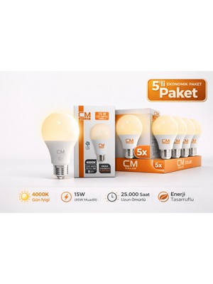 CM 15W 4000K Gün Işığı LED Ampul 5’li Paket E27 Duy Tasarruflu Uz
