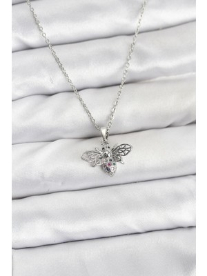 Similar 316L Çelik Zincir Gümüş Renk Sinek Model Zirkon Taşlı Kadın Kolye - TJ-BKO10874