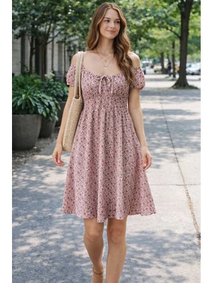 İnce Moda Giyim Madonna Yaka Çiçek Desenli Mini Elbise – 2 Renk Seçenekli