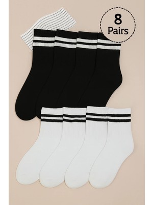 Uzn Socks 8 Çift Unisex Kolej Çorap – Siyah & Beyaz Çizgili Orta Boy Pamuklu Spor Çorap