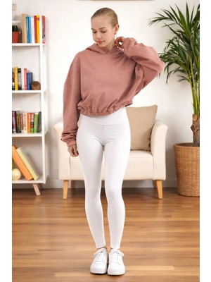 Fancy & Fun Kadın Uzun Kollu 3 Iplik Örme Kumaş Kapüşonlu Crop Sweatshirt