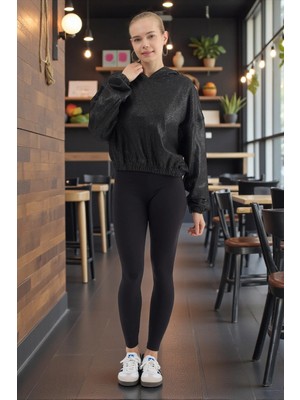 Fancy & Fun Kadın Uzun Kollu 3 Iplik Örme Kumaş Kapüşonlu Parlak Crop Sweatshirt