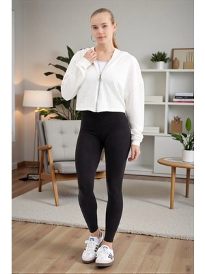 Fancy & Fun Uzun Kollu Kapüşonlu Fermuarlı Crop 3 Iplik Şardonsuz Sweatshirt