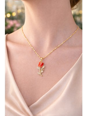 Neora 14K Altın Kaplama  Kırmızı Lale Tasarımlı  Kadın Çelik Kolye