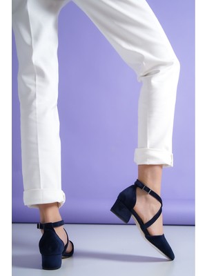 Shemard Letha Lacivert Kadife Topuklu Kadın Ayakkabı