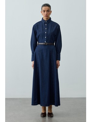 Fahhar Pens Detaylı Denim Elbise Lacivert