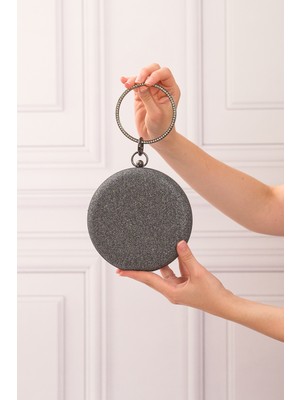 Roza Çanta Kadın Platin Simlikum Yuvarlak Abiye Clutch Portföy Çantası