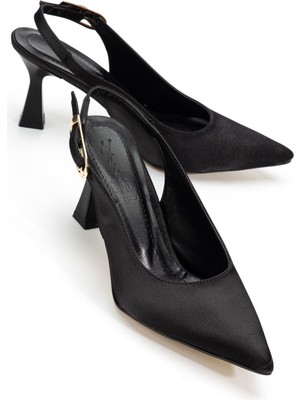 Shemard Kadın Siyah Saten Arka Açık Sivri Ince Topuklu Ayakkabı