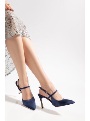 Shemard Donna Kadın Lacivert Saten Gold Ökçe Detaylı Abiye Ayakkabı