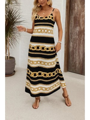 Uslucan Alışveriş Kadın Ip Askılı Geniş V Yakalı Desenli Süprem Elbise