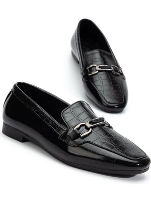 Shemard Kadın Siyah Crocodile Parlak Cilt Tokalı Babet