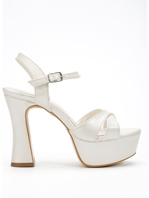 Shemard Kadın Beyaz Sedef  Cilt Arka Açık Platform Topuklu Abiye Ayakkabı
