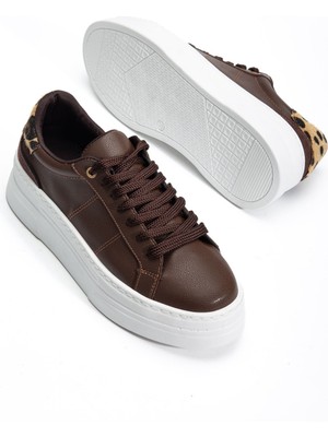 Shemard Kadın Acı Kahve Cilt Poli Taban Leopar Desenli Bağcıklı Yüksek Spor Ayakkabı