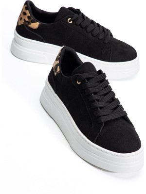 Shemard Kadın Siyah Süet Poli Taban Leopar Desenli Bağcıklı Yüksek Spor Ayakkabı