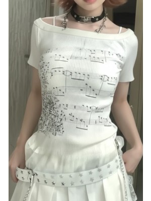 İsra Ayyıldız Moonstar Collection Ekru Nota Desenli Y2K Kısa Kollu Bluz