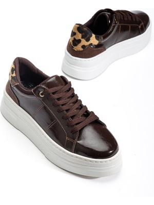 Shemard Kadın Acı Kahve Rugan Poli Taban Lleopar Desenli Bağcıklı Yüksek Spor Ayakkabı