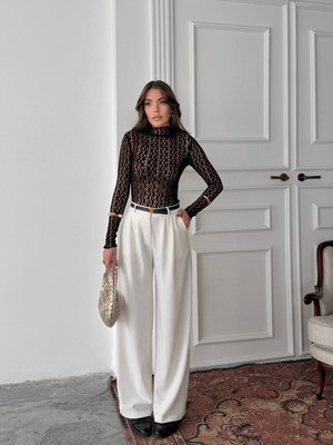 My Lunessa Kadın Siyah Transparan Dantel Uzun Kollu Şık Bluz