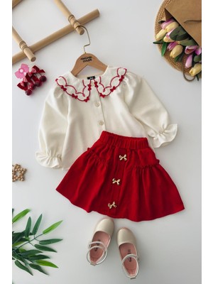 Miniğimin Cicileri Fiyonk Düğme Detaylı Kadife Etekli Kız Çocuk 2 Li Takım - Kırmızı
