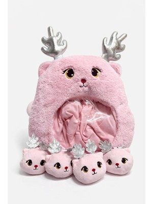 Ecrou Sevimli Pembe Yavru Geyikli Dekoratif Peluş Yastık 45 cm