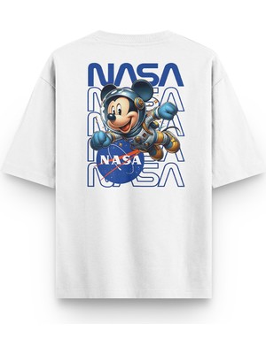 Overoz Mickey Mouse Nasa Astronot Sırt Baskılı Yarı Oversize Unisex Beyaz Tshirt 1388