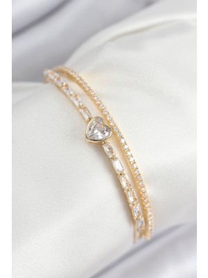 Similar Pirinç Zirkon Taşlı Kalp Model Gold Renk Kadın Bileklik - TJ-BB7873