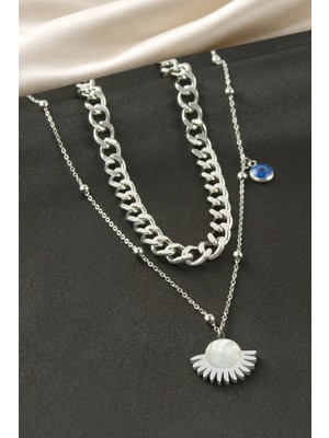 Bijuteri Net Güneş Sedef Çelik Ikili Kolye