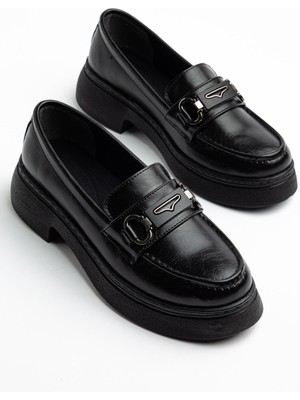 Shemard Dayna Kadın Siyah Parlak Cilt Yüksek Tabanlı Tokalı Loafer Ayakkabı