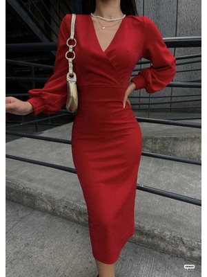 Uslucan Alışveriş Kadın Kruvaze Yaka Balon Kol Simli Krep Kumaş Midi Boy Elbise