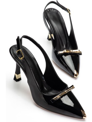 Shemard Kadın Siyah Rugan Gold Aksesuarlı Özel Tasarım Ince Topuklu Stiletto