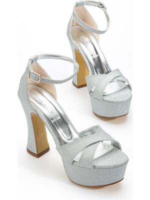 Shemard Kadın Gümüş Simli Platform Topuklu Abiye Ayakkabı