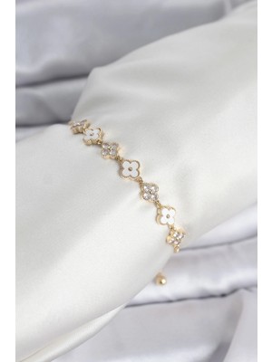Aesco Gold Renk Zirkon Taşlı Sıralı Yonca Model Asansörlü Kadın Bileklik