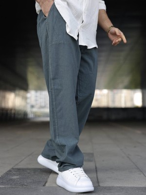 Kastrioti Baggy Geniş Paça Beli Bağcıklı ve Lastikli Keten Pantolon
