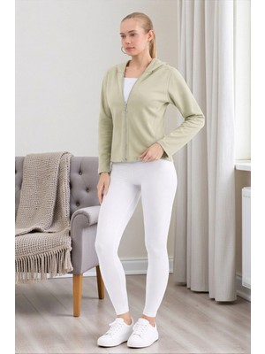 Fancy & Fun Kadın Uzun Kollu Kapüşonlu Fermuarlı Örme 3 Iplik Şardonsuz Sweatshirt