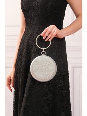 Roza Çanta Kadın Gümüş Simlikum Yuvarlak Abiye Clutch Portföy Çantası