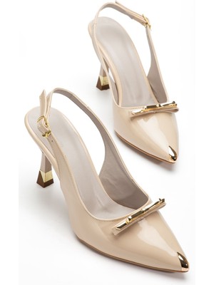 Shemard Kadın Bej Rugan Gold Aksesuarlı Özel Tasarım Ince Topuklu Stiletto