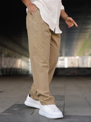 Kastrioti Baggy Geniş Paça Beli Bağcıklı ve Lastikli Keten Pantolon