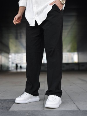 Kastrioti Baggy Geniş Paça Beli Bağcıklı ve Lastikli Keten Pantolon