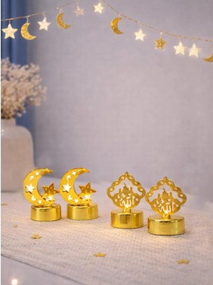 Parti Adresi Ramazan Temalı Mini LED Mum Karışık Figürlü Masaüstü Dekoru Gold 10 cm 4'lü