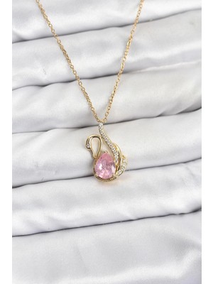 Aesco 316L Çelik Zincir Gold Renk Pembe Kuğu Model Zirkon Taşlı Kadın Kolye