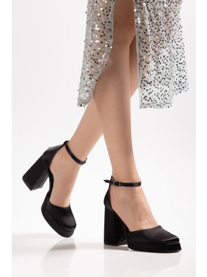 Shemard Migo Kadın Siyah Saten Platformlu Kapalı Burunlu Kalın Topuklu Ayakkabı