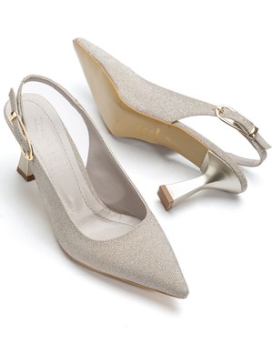 Shemard Kadın Altın Simli Arka Açık Sivri Ince Topuklu Ayakkabı