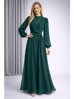 Hiramir Kadın Zarif Taş Detaylı Uzun Şifon Abiye Elbise YZ2517