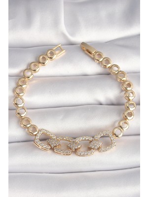 Similar Pirinç Gold Renk Zirkon Taşlı Daire Zincir Model Kadın Bileklik - TJ-BB6842
